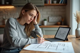 Femme en train de dessiner un plan 3D de salle de bain