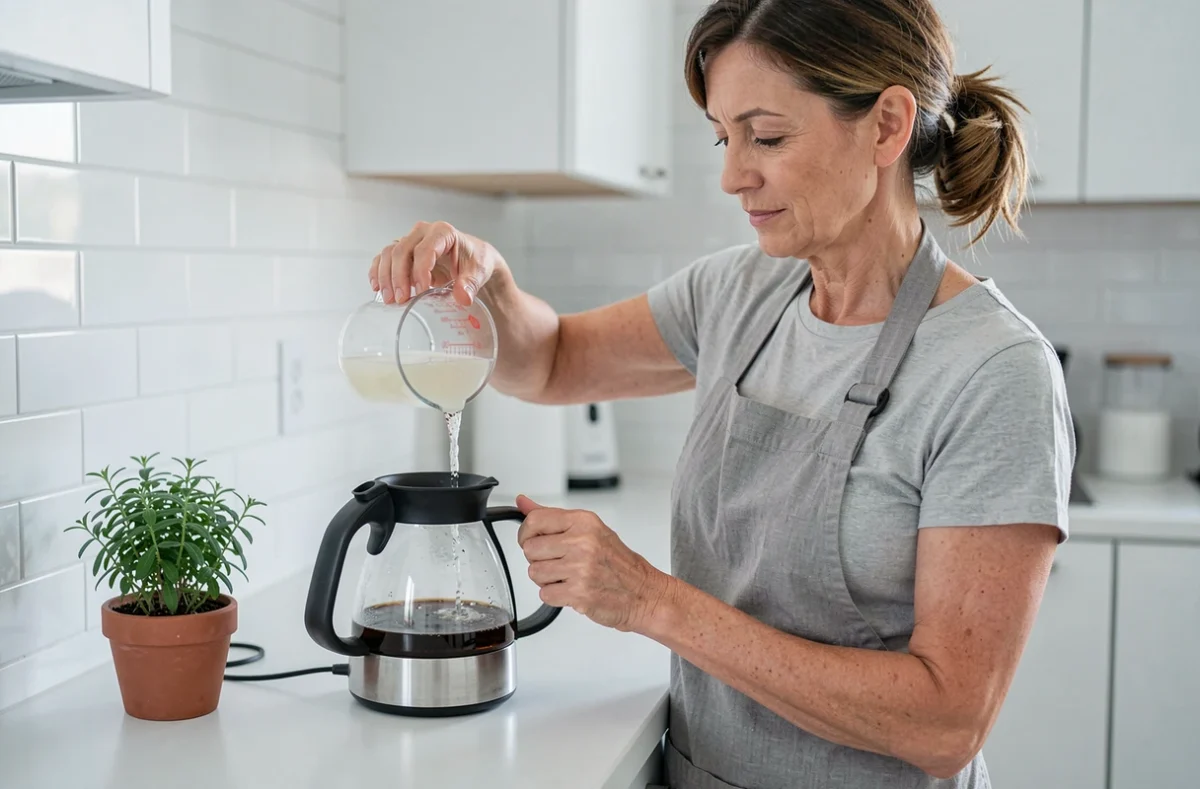 Femme versant une solution d'acide citrique dans une cafetière pour effectuer un détartrage maison