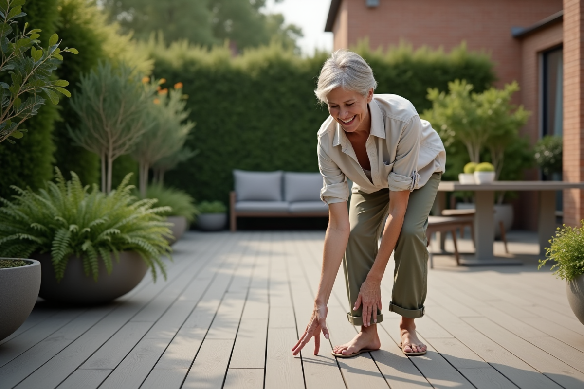 Femme vérifiant la terrasse en bois composite dans le jardin