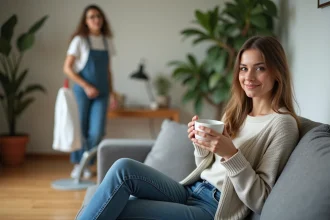 Femme détendue sirotant du thé dans un salon propre et moderne