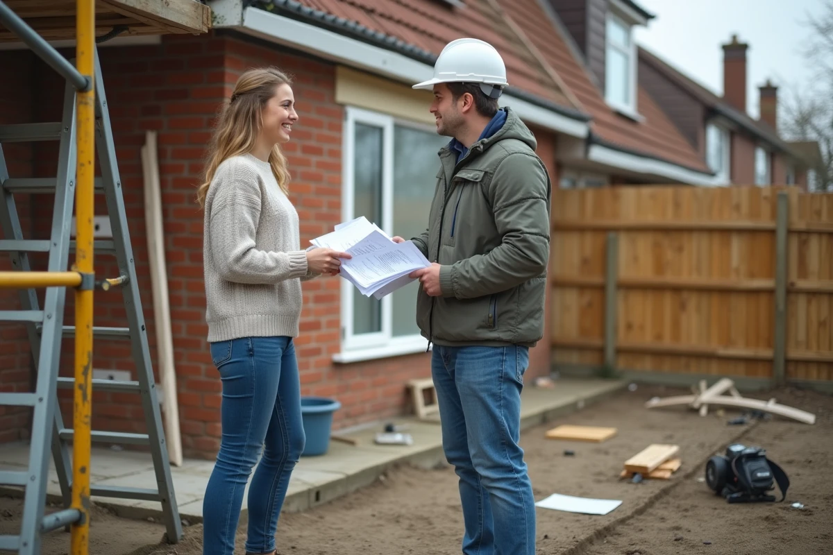 Jeune femme discute avec un artisan sur un chantier