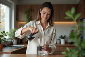 Femme versant de l'eau au charbon actif dans un verre dans une cuisine chaleureuse