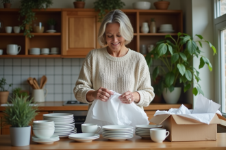 Femme emballant de la porcelaine dans une cuisine chaleureuse