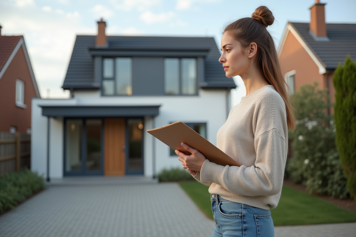 Jeune femme examine extension maison avec permis