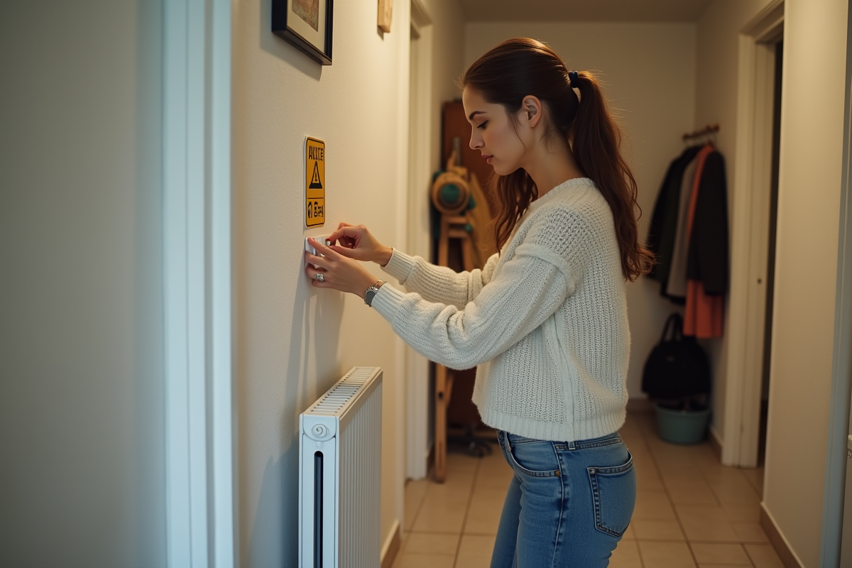 Jeune femme accrochant un panneau de sécurité à côté d