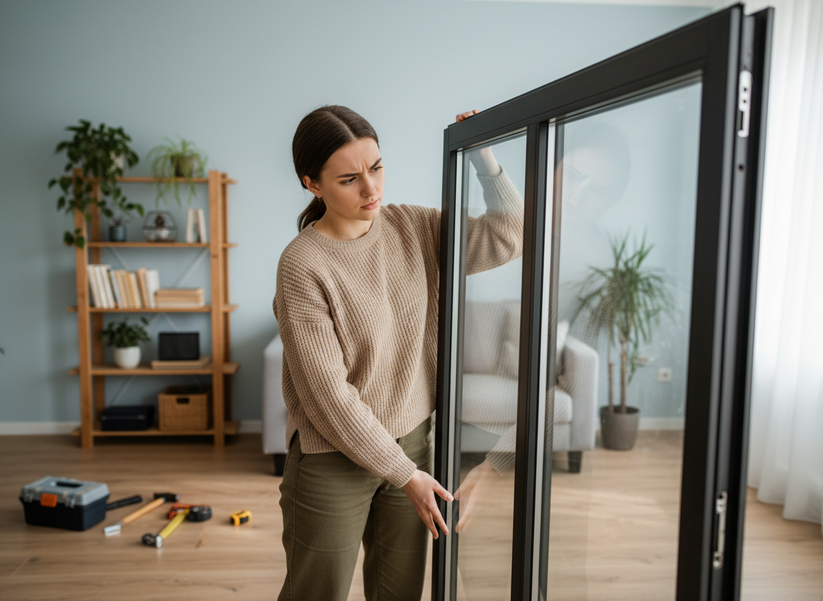 Jeune femme pose une nouvelle vitre double vitrage dans le salon