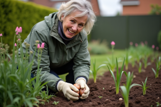 Femme en jardinage tenant des bulbes de lys dans un jardin