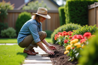 Femme d'âge moyen plantant des fleurs dans son jardin