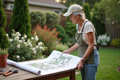 Femme en jardinage étudiant un plan d'aménagement extérieur