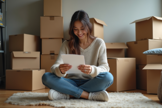 Jeune femme lisant une lettre dans un appartement en d&eacute;m&eacute;nagement