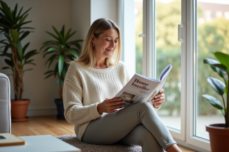 Femme lisant magazine dans salon lumineux avec isolation
