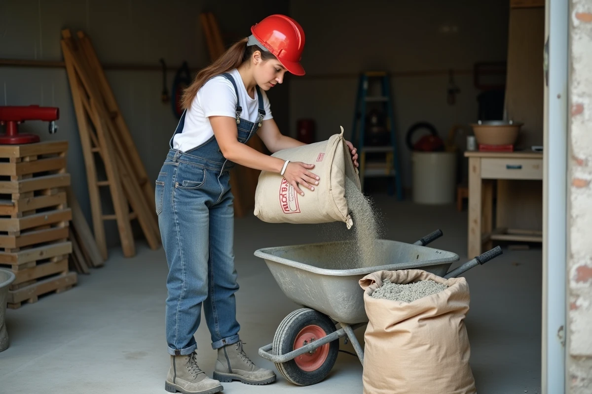 Jeune femme en vêtements de travail verse du ciment dans une brouette dans un atelier