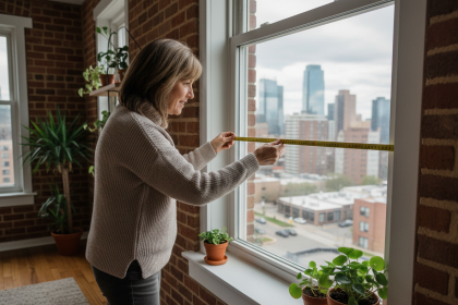 Femme mesurant une fenetre moderne dans son appartement