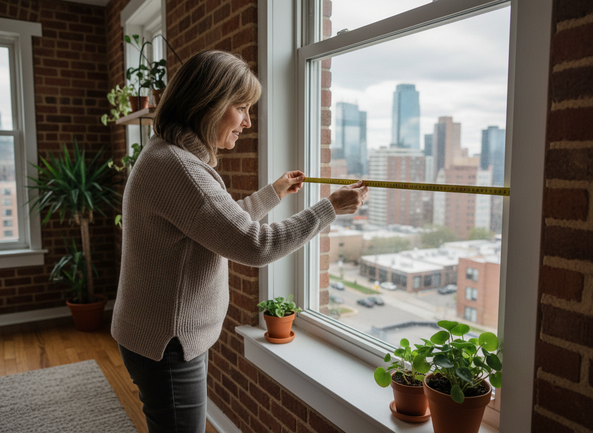 Femme mesurant une fenetre moderne dans son appartement