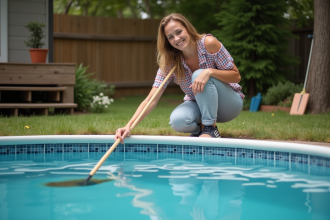 Femme en été nettoyant une piscine hors sol dans le jardin
