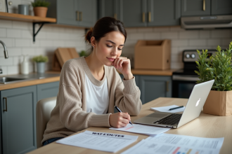 Femme concentrée remplissant des papiers à la maison
