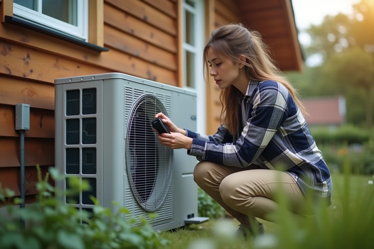 Jeune femme vérifiant une pompe à chaleur extérieure