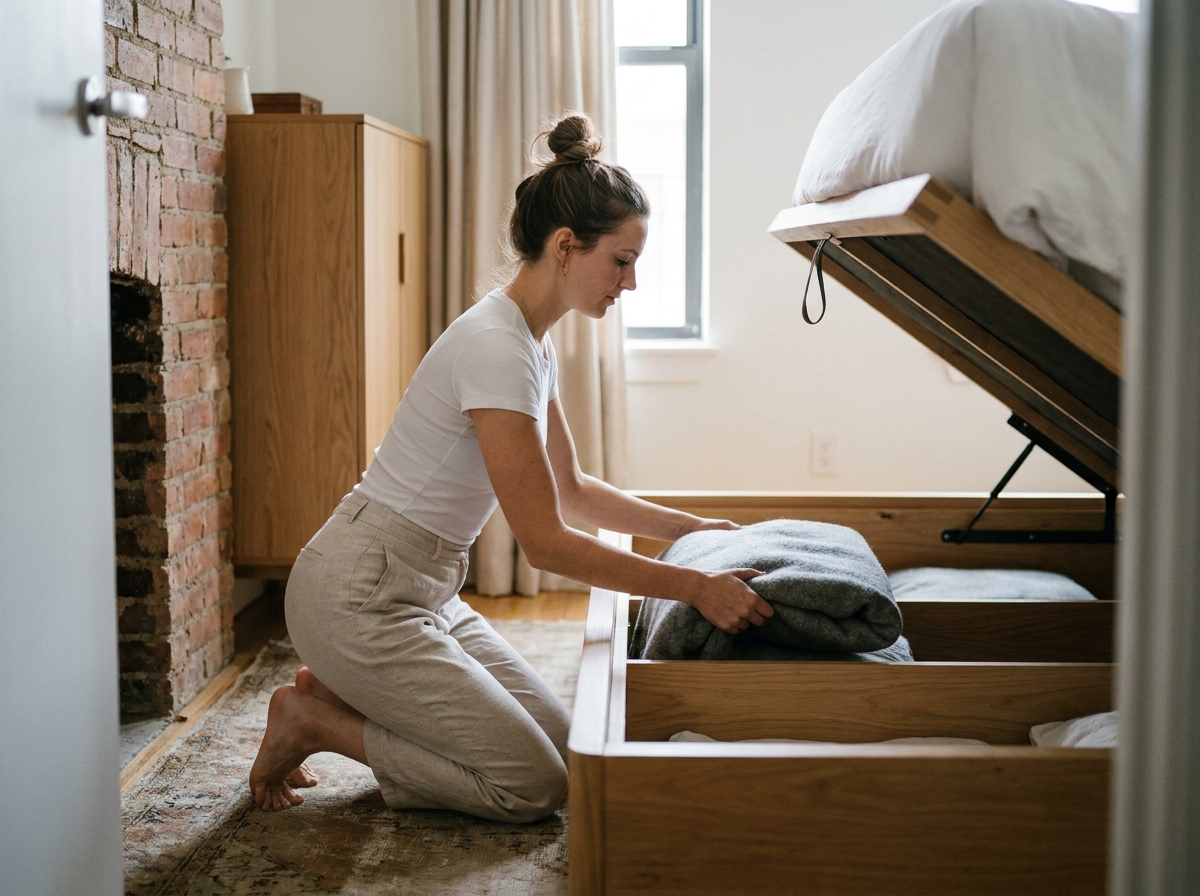 Femme rangeant une couverture dans un lit coffre pour optimiser l'espace d'une petite chambre
