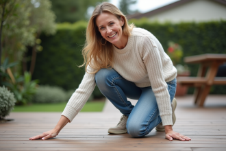 Femme inspectant un terrasse en bois moderne dans un jardin