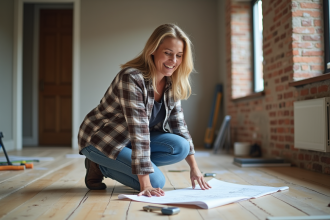 Femme en jeans et chemise à carreaux examine des plans de rénovation