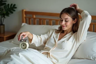 Femme en pyjama douce se réveille avec un réveil lumineux