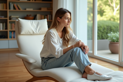 Jeune femme dans un salon lumineux et moderne avec chaise design