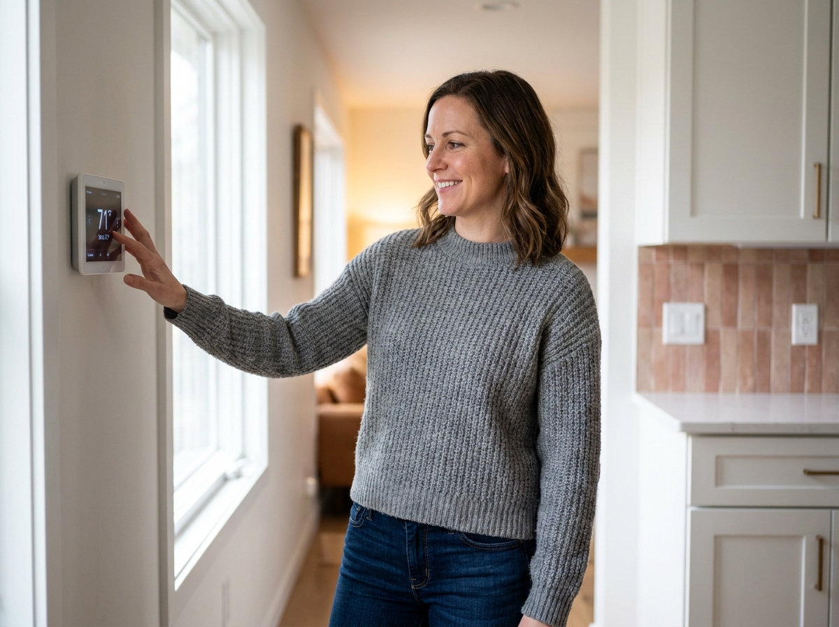 Femme ajustant un thermostat connecté dans une cuisine moderne pour régler le chauffage au quotidien