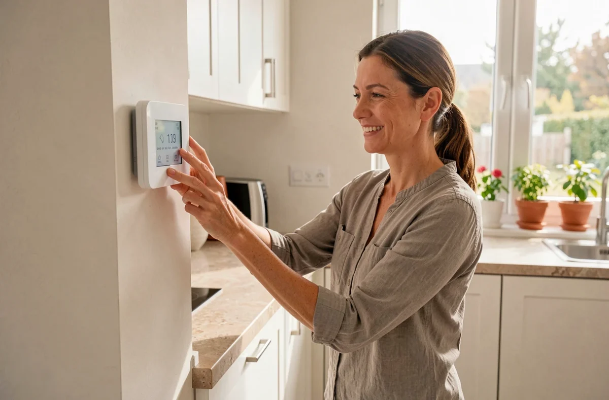 Femme réglant le thermostat connecté d'une pompe à chaleur LG air eau dans une cuisine moderne