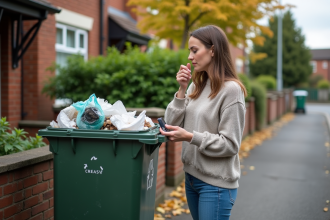 Femme examinant un sac poubelle dans la rue
