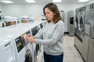 Femme lisant attentivement l'étiquette d'un lave-linge dans une laverie moderne avant d'acheter