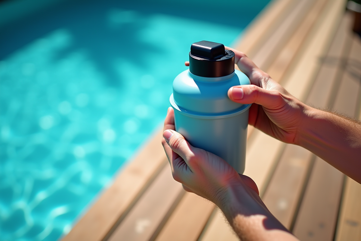 Mains tenant un filtre de piscine sur un deck en bois