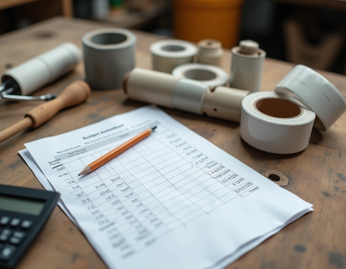 Vue à plat d'un budget peinture manuscrit avec pots de peinture testeurs, rouleau et calculatrice sur table en bois