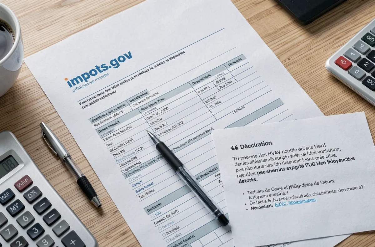 Formulaire de déclaration fiscale impots.gouv avec devis d'installation de pompe à chaleur et calculatrice sur un bureau