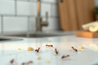 Fourmis noires sur le plan de travail d'une cuisine moderne près de miettes de pain