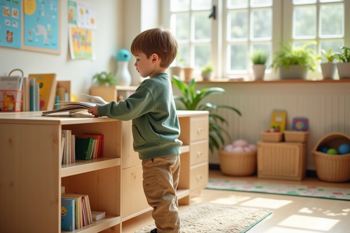 Garçon de 5 ans posant un livre sur une étagère moderne