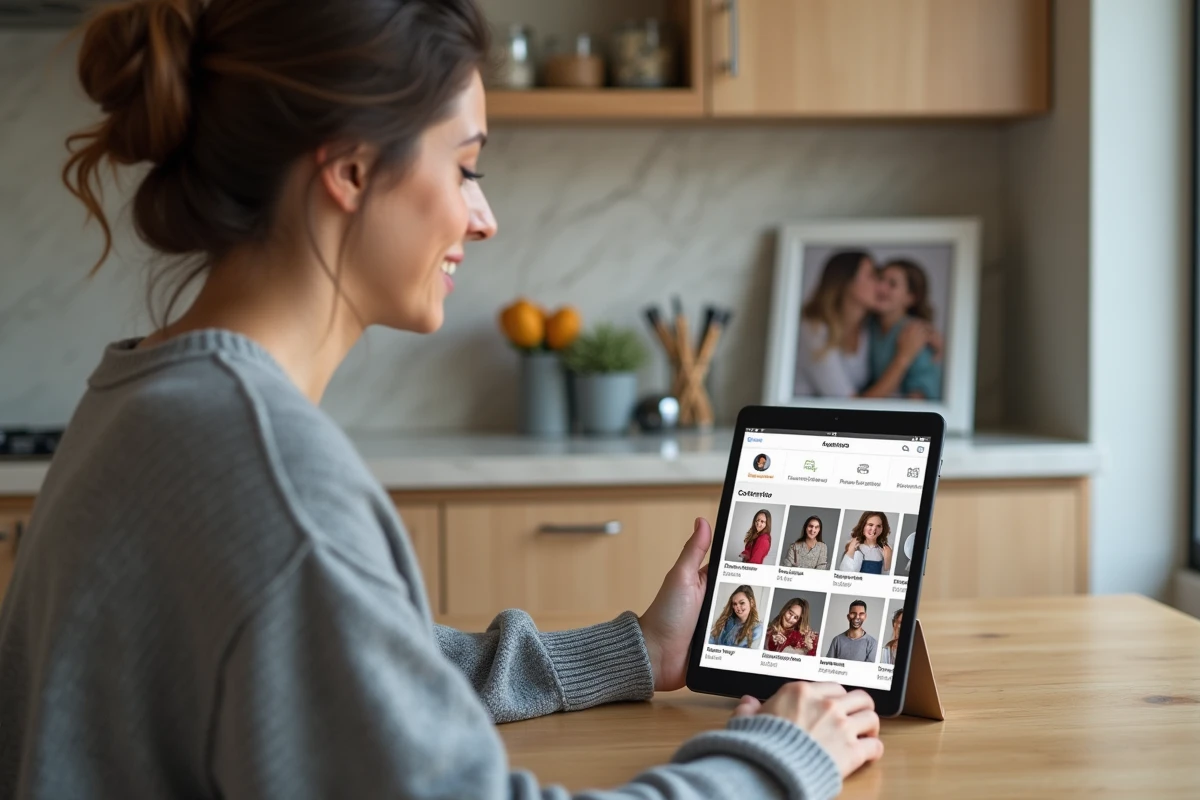 Jeune femme gérant les comptes d'un cadre photo connecté via une application tablette dans une cuisine moderne