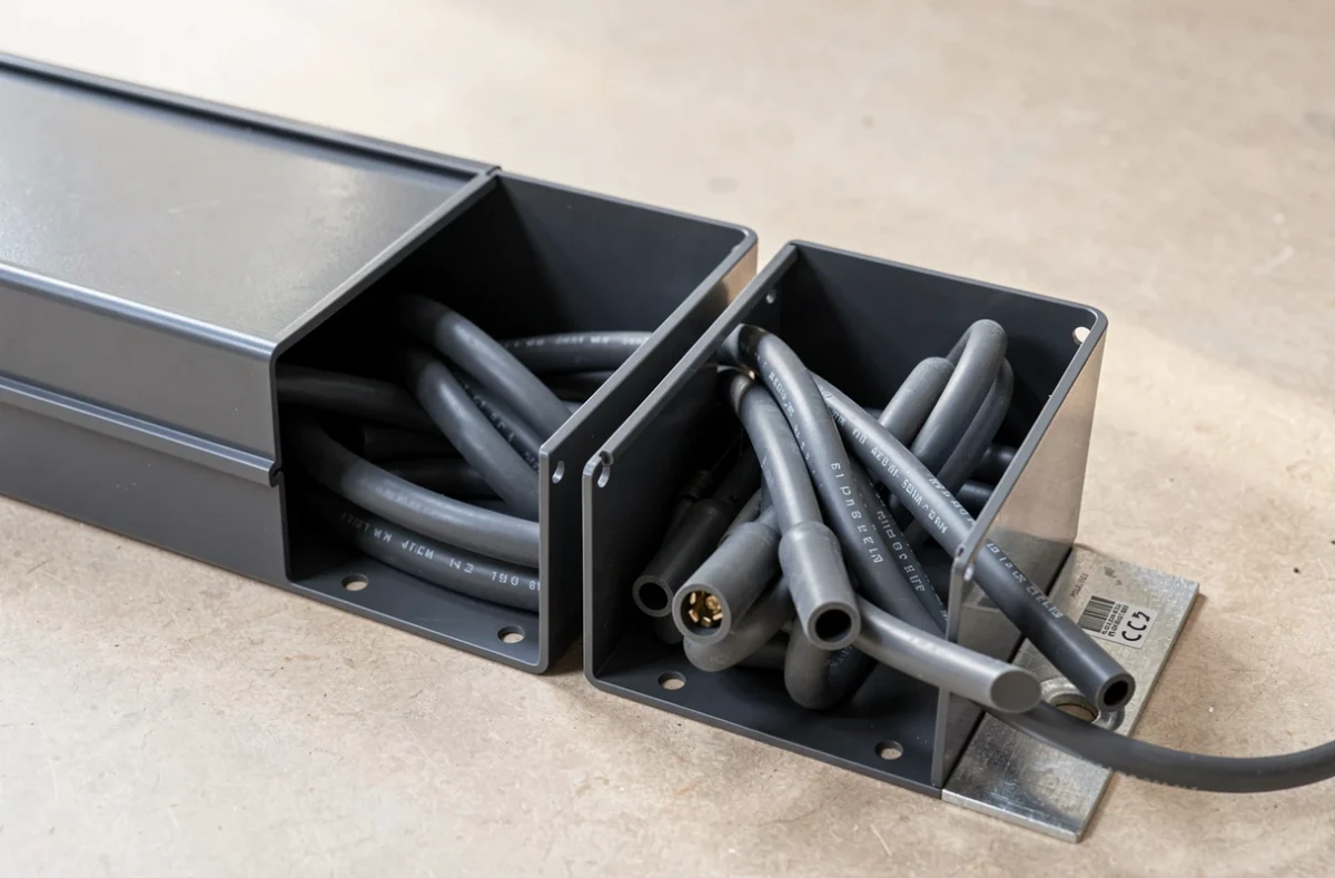 Goulotte anthracite à deux compartiments avec câbles rangés