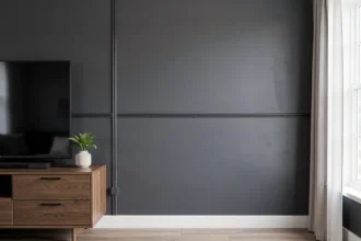 Goulotte électrique anthracite posée le long d'un mur gris foncé