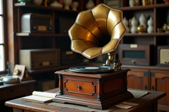 Gramophone ancien à pavillon en laiton exposé dans une boutique d'antiquités avec étiquettes de prix manuscrites