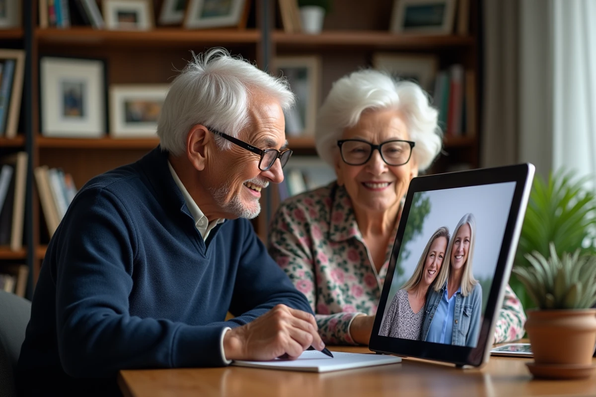 Couple de grands-parents regardant avec émotion les photos de leurs petits-enfants sur un cadre photo connecté posé sur un bureau