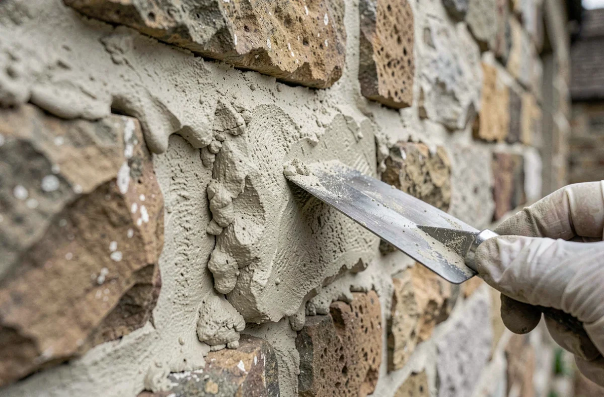 Gros plan sur l'application d'un joint de chaux et sable dans les interstices d'un mur en pierre ancienne avec une truelle