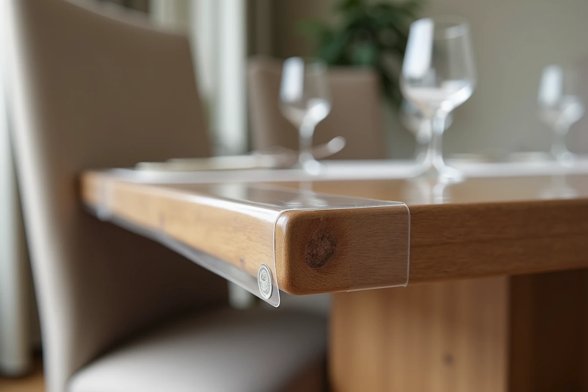 Gros plan sur le bord d'une nappe transparente ignifugée sur mesure posée sur une table en chêne massif, révélant la certification de sécurité incendie