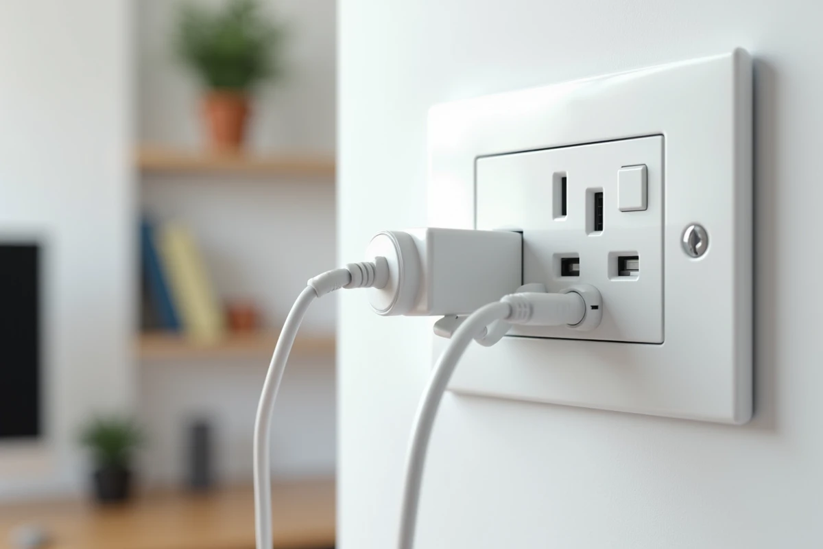 Gros plan sur une prise double Legrand blanche avec adaptateurs branchés dans un espace de travail à domicile