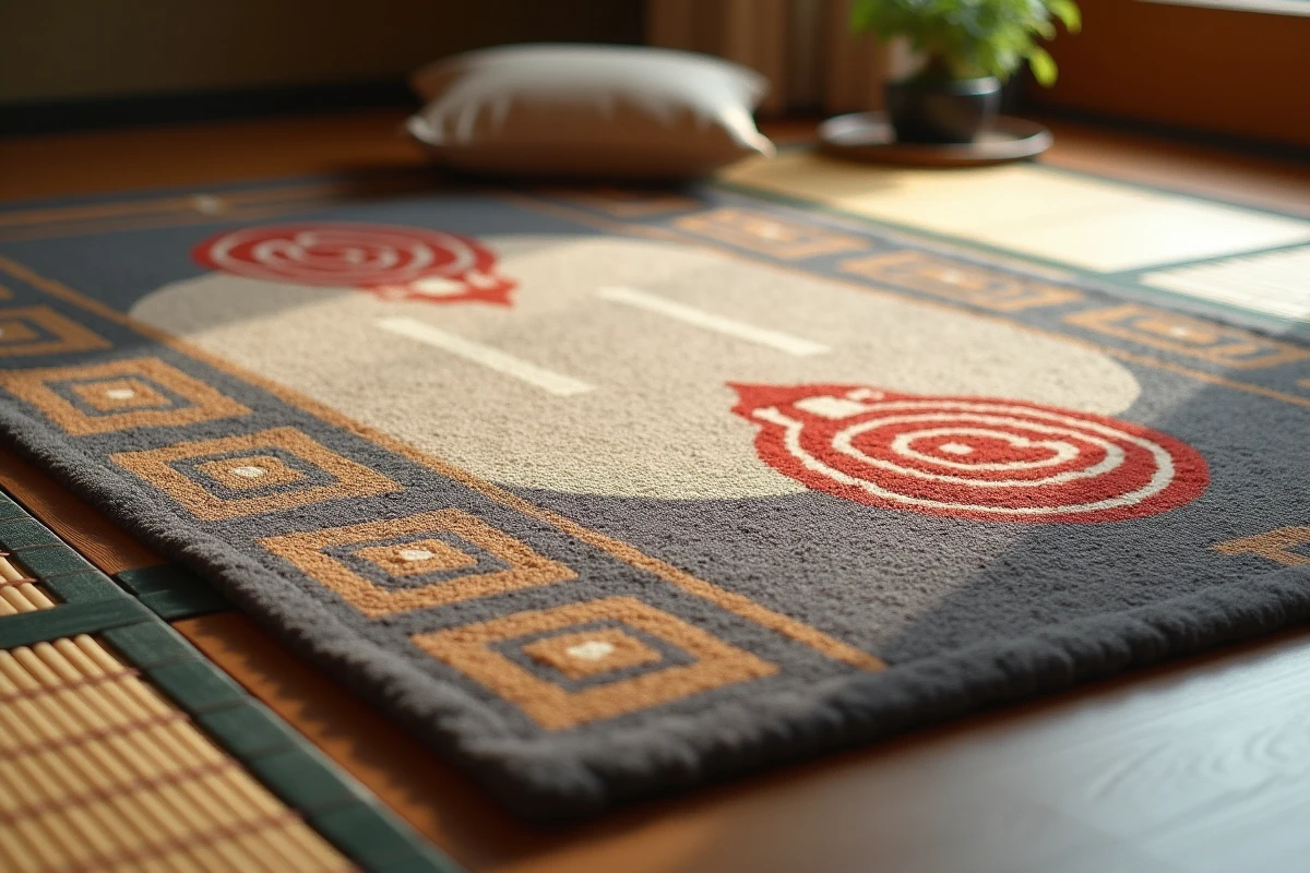 Gros plan sur les nœuds et motifs d'un tapis japonisant fait main avec des arabesques de vagues et kamon en rouge rouille et beige naturel