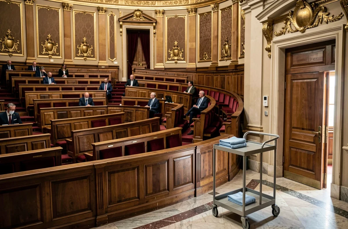 Vue grand angle de l'hémicycle du parlement français avec chariot de nettoyage discret au premier plan