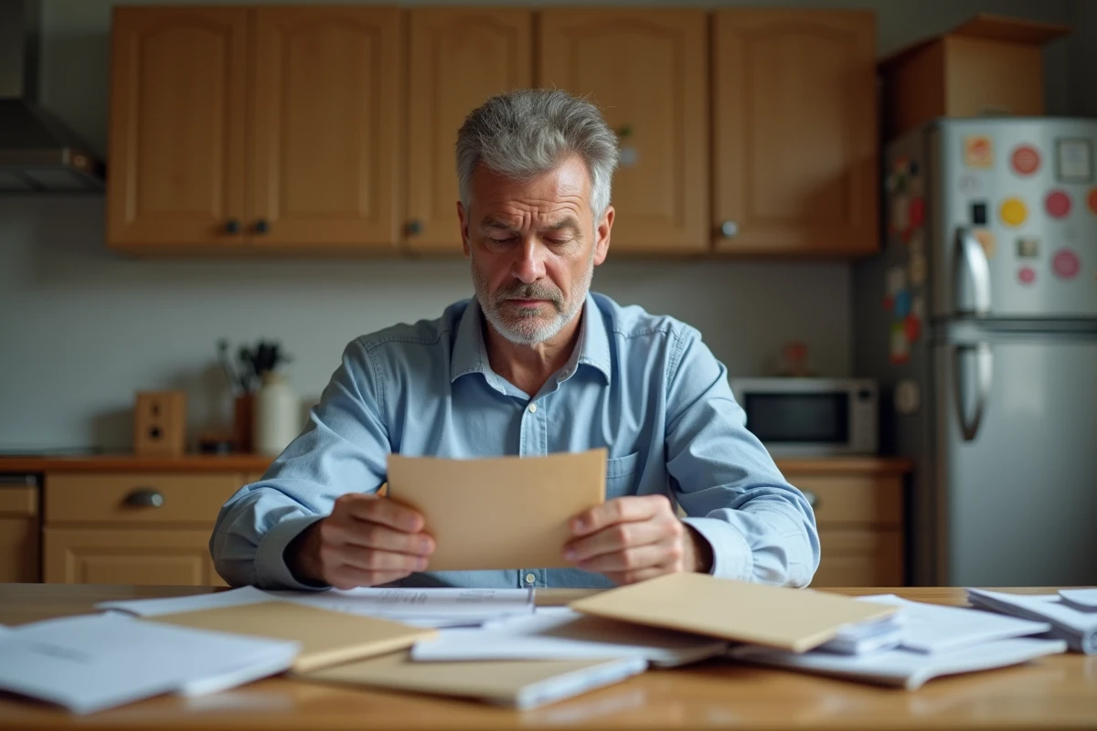 Homme d'âge moyen examinant du courrier à la maison