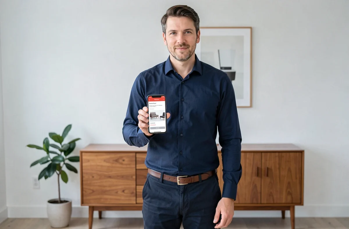 Homme utilisant une application mobile pour comparer des services de reprise de meuble en ligne dans un intérieur moderne avec un buffet en bois