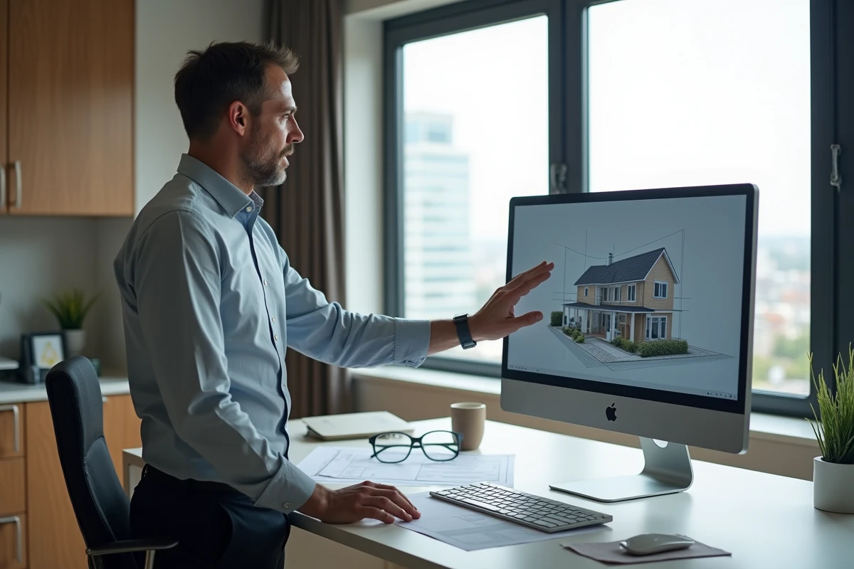 Homme en home office analysant un plan 3D sur grand moniteur