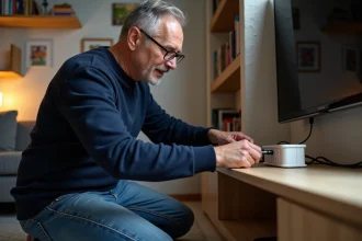 Homme d'âge moyen branchant un câble TV dans une multiprise moderne