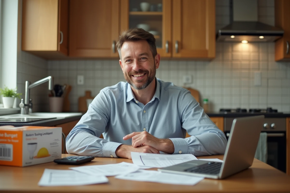 Homme analysant ses factures d &eacute;nergie dans la cuisine